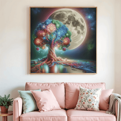 Peinture diamant « Arbre de vie cosmique » encadrée, arbre coloré face à la lune