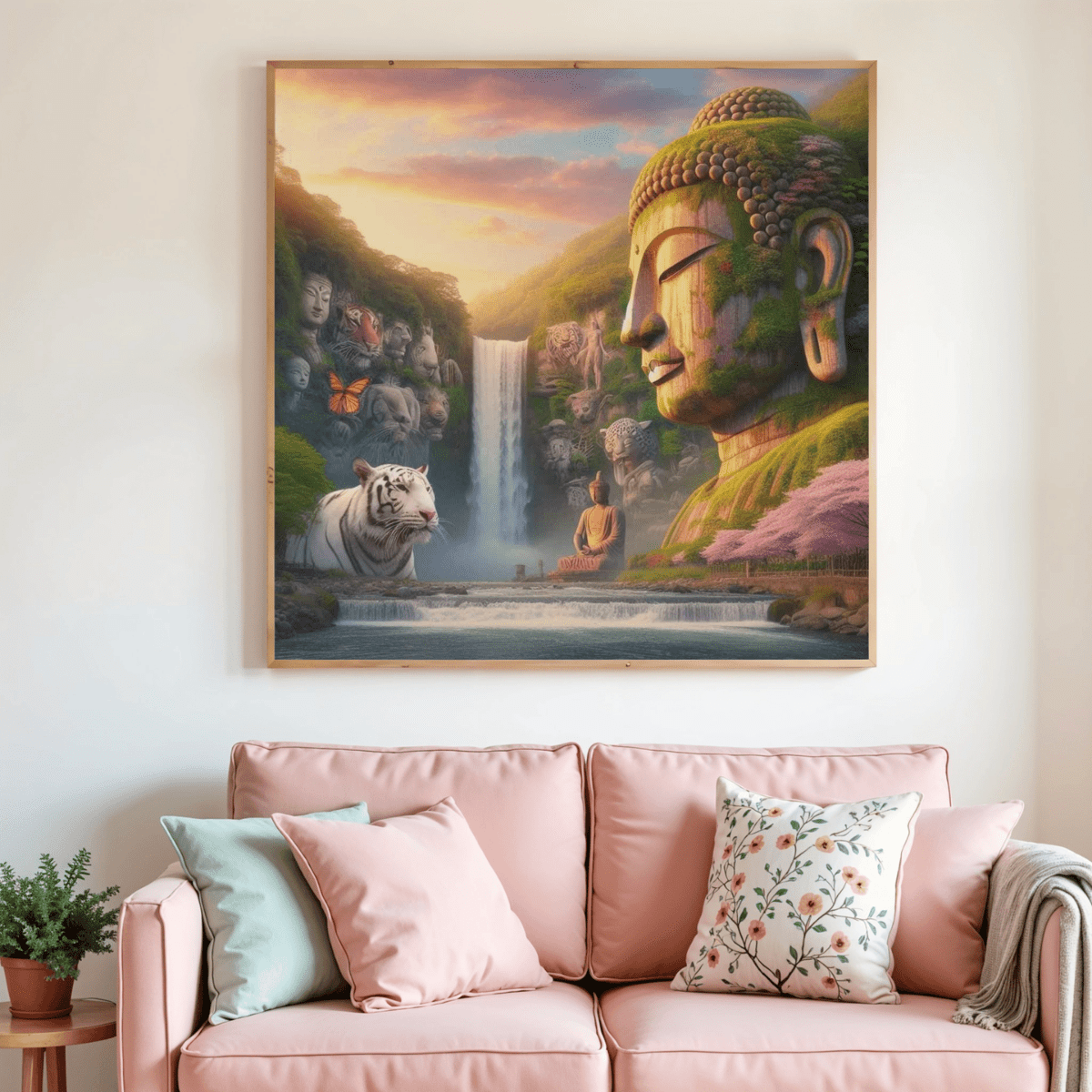 Tableau de diamant bouddha zen carré, cascade et bouddha dans un cadre