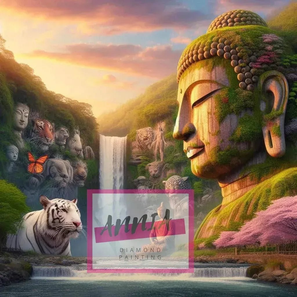 Tableau de diamant bouddha zen carré : visage doré, cascade, tigre et papillon