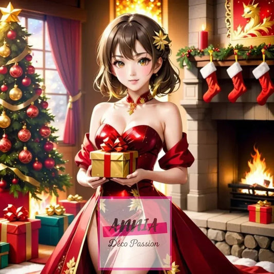 Tableau de peinture diamant : femme en robe rouge tenant un cadeau, sapin décoratif