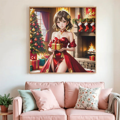 Tableau de peinture diamant encadré : femme en robe rouge, cadeau, sapin et chaussettes