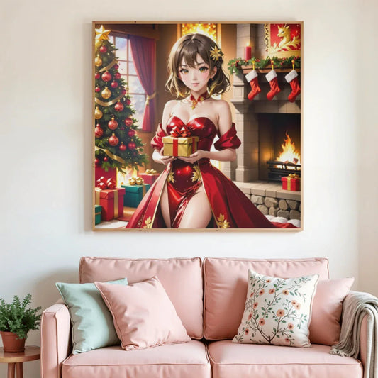 Tableau de peinture diamant encadré : femme en robe rouge, cadeau, sapin et chaussettes