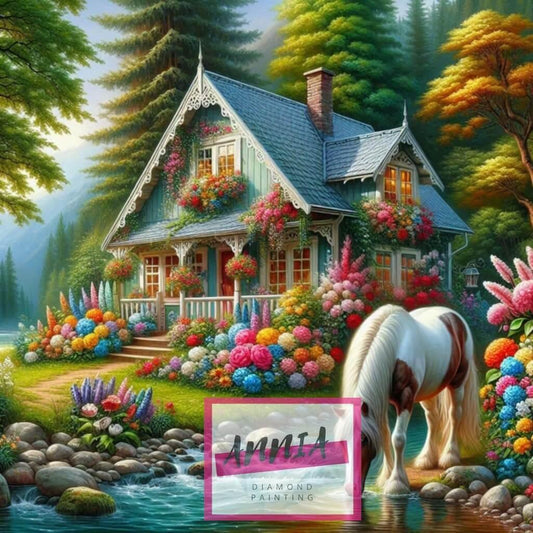 Tableau de peinture au diamant : chalet fleuri et cheval au bord de la rivière