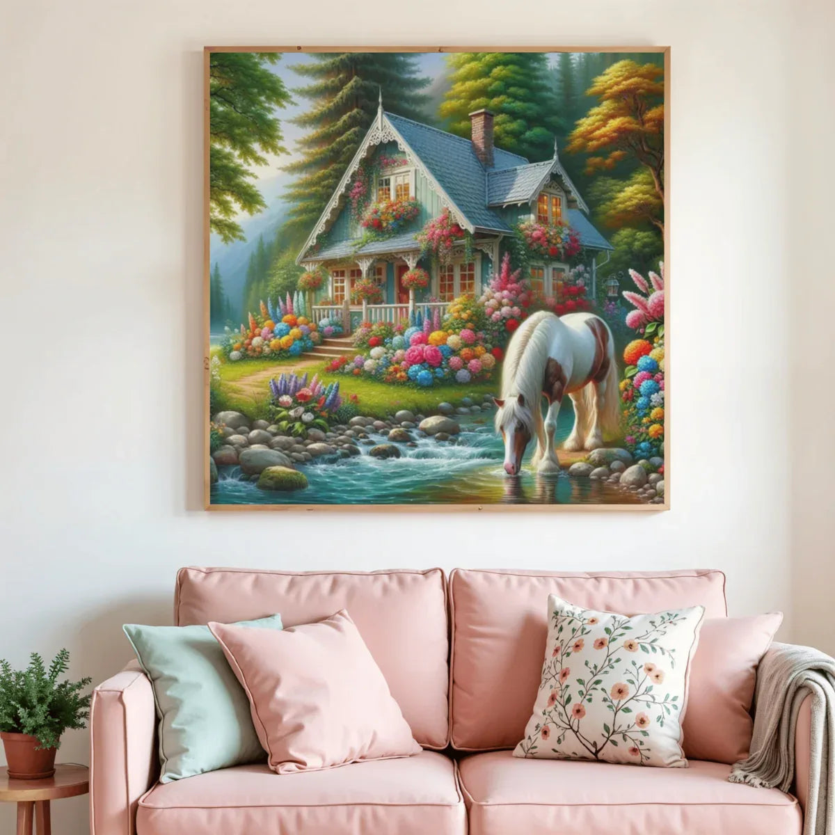 Tableau de peinture au diamant encadré : chalet fleuri et cheval près de l’eau
