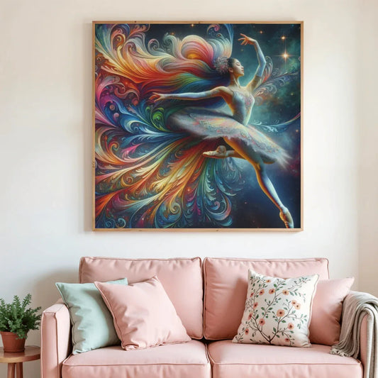 Peinture au diamant encadrée, danseuse ballerine dans un tourbillon multicolore
