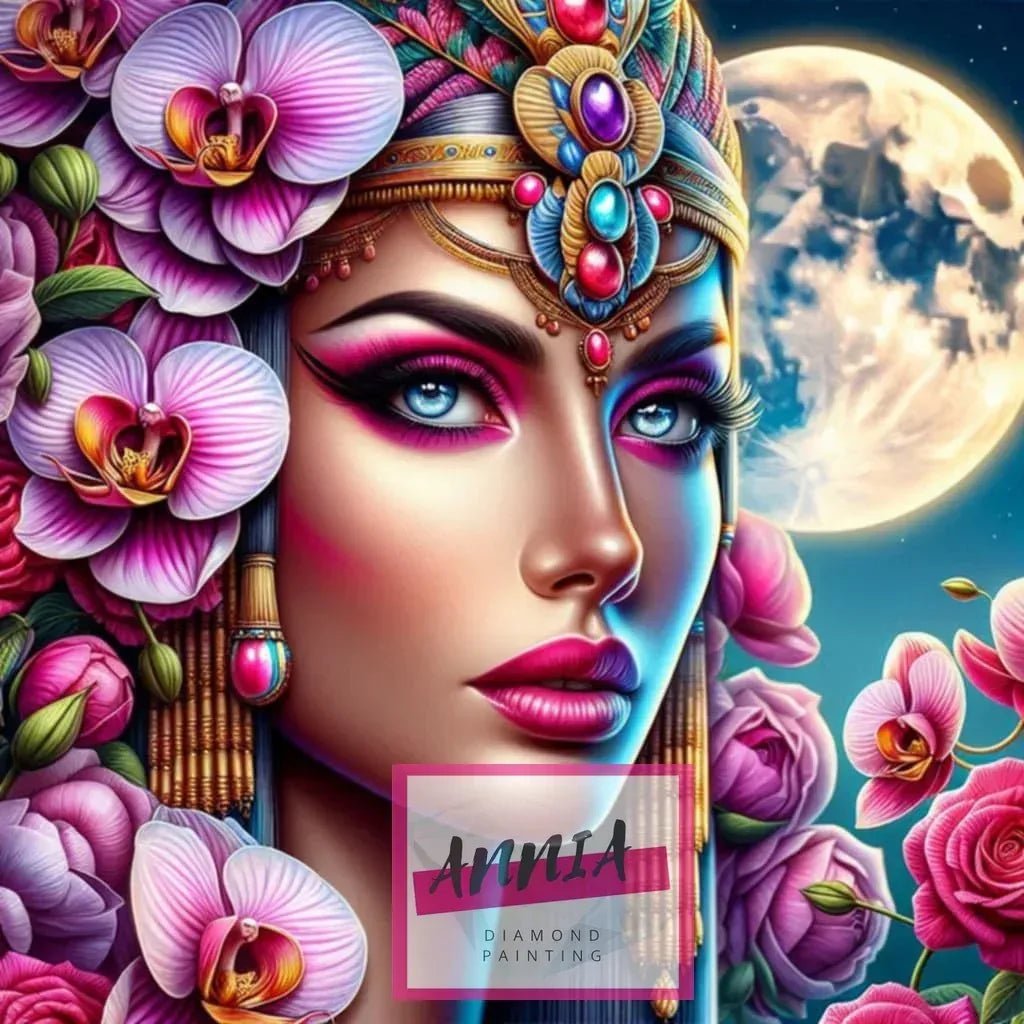 Toile de peinture diamant en gros plan : visage, orchidées violettes et lune