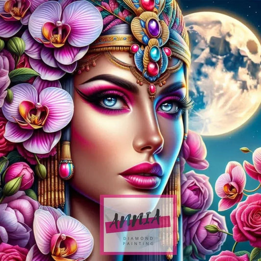 Toile de peinture diamant en gros plan : visage, orchidées violettes et lune