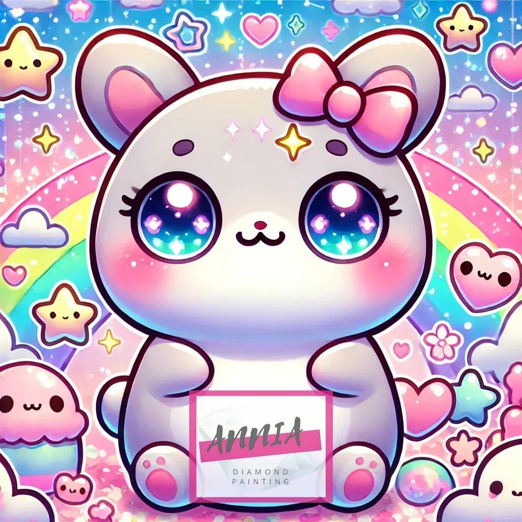 Toile de peinture diamant Doudou Magique, ourson blanc yeux brillants et nœud rose