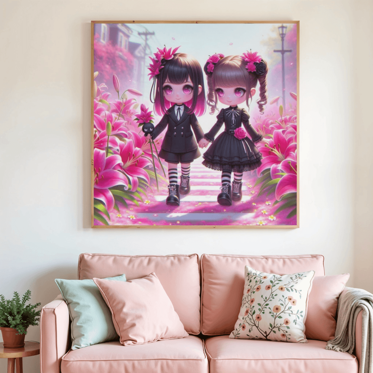Tableau de peinture diamant encadré, deux personnages gothiques kawaii aux cheveux roses