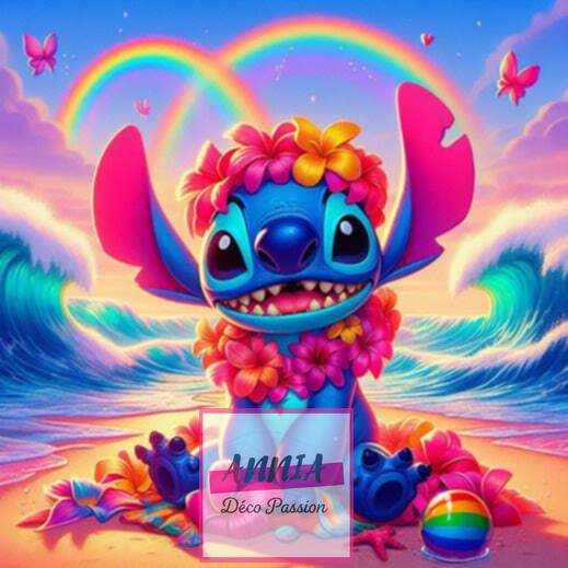 Peinture diamant Stitch bleu, arc-en-ciel et fleurs, visage gros plan