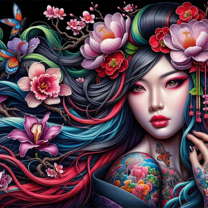 Tableau de peinture au diamant Esprit de Soie, portrait femme aux cheveux bleus et fleurs roses