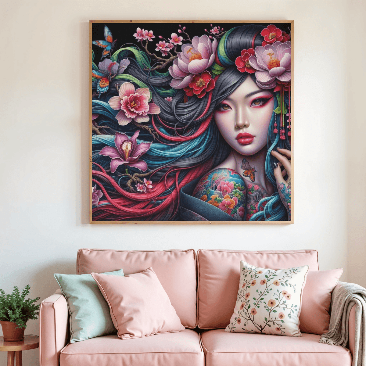 Tableau de peinture au diamant Esprit de Soie encadré, portrait femme aux fleurs