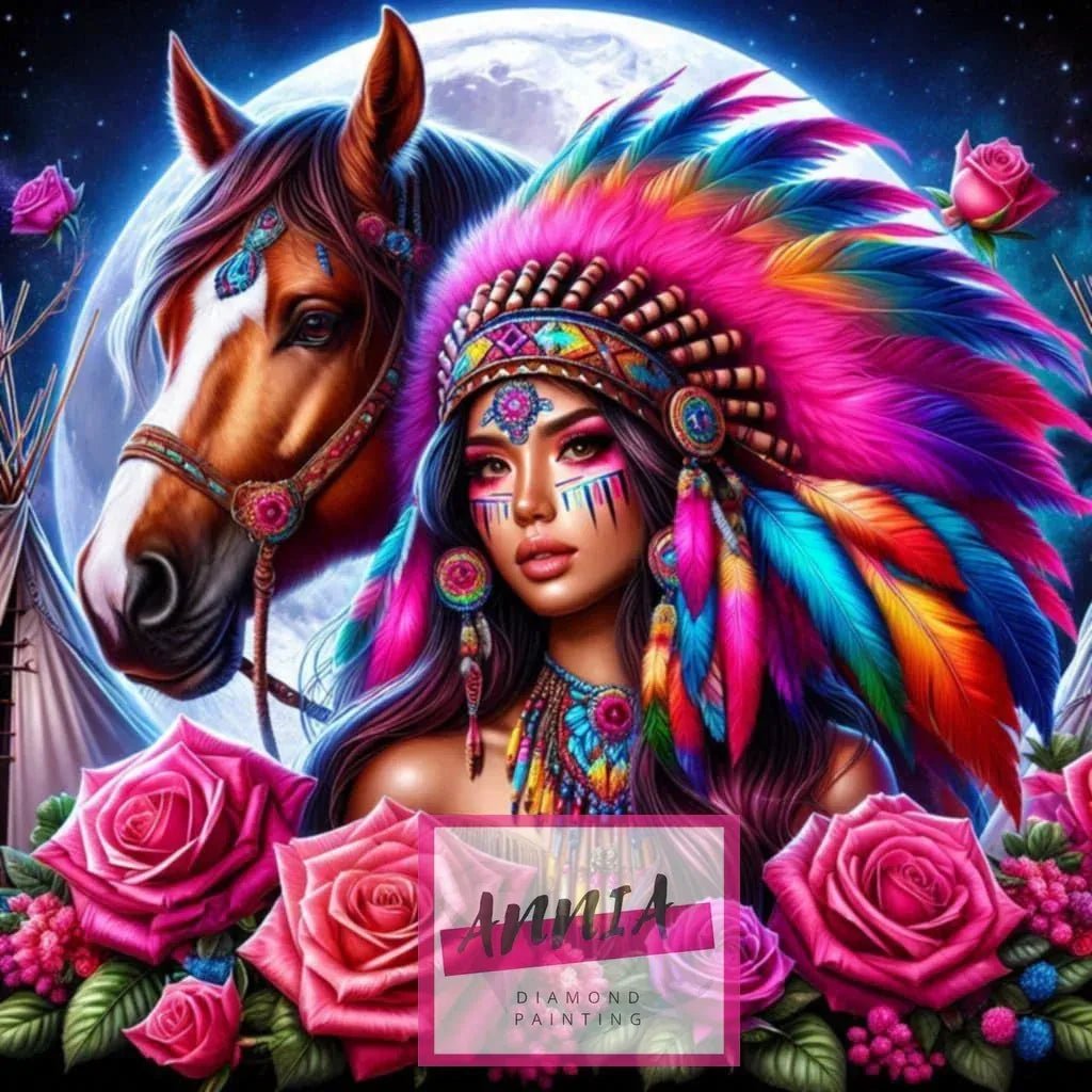 Peinture au diamant Esprit Sauvage: portrait d’une femme, cheval et plumes multicolores, roses
