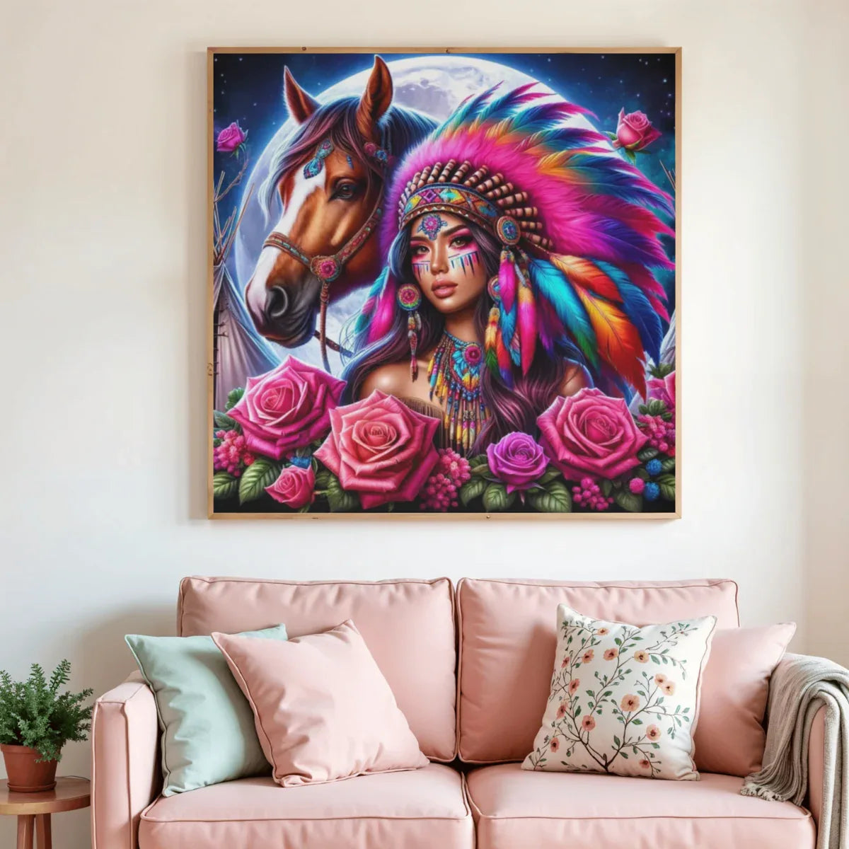 Peinture au diamant Esprit Sauvage encadrée, cheval et femme à plumes, roses