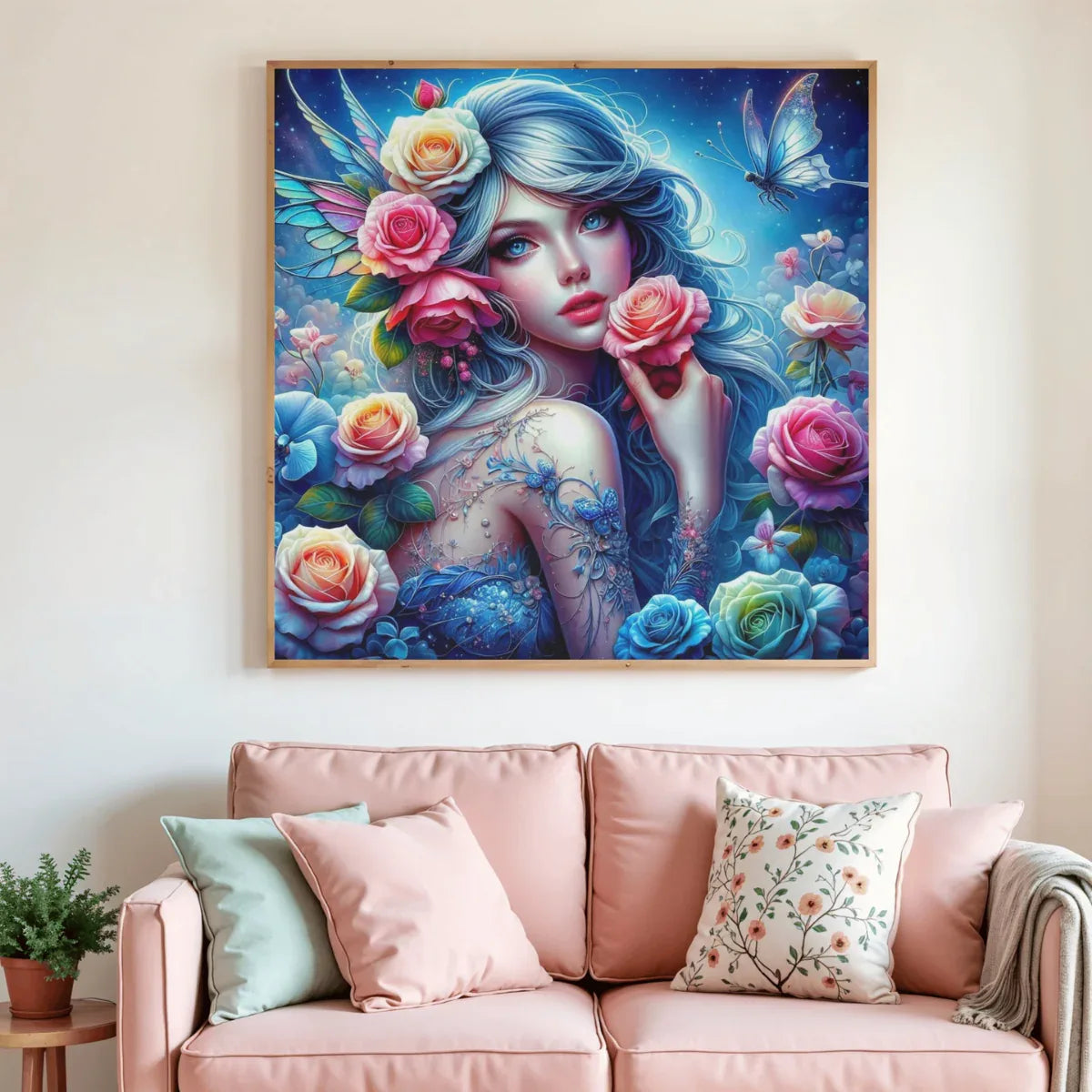 Toile de peinture diamant encadrée murale, fée aux roses bleues et papillon
