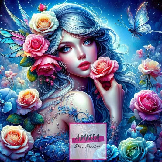 Toile de peinture diamant, fée aux roses bleues et papillon
