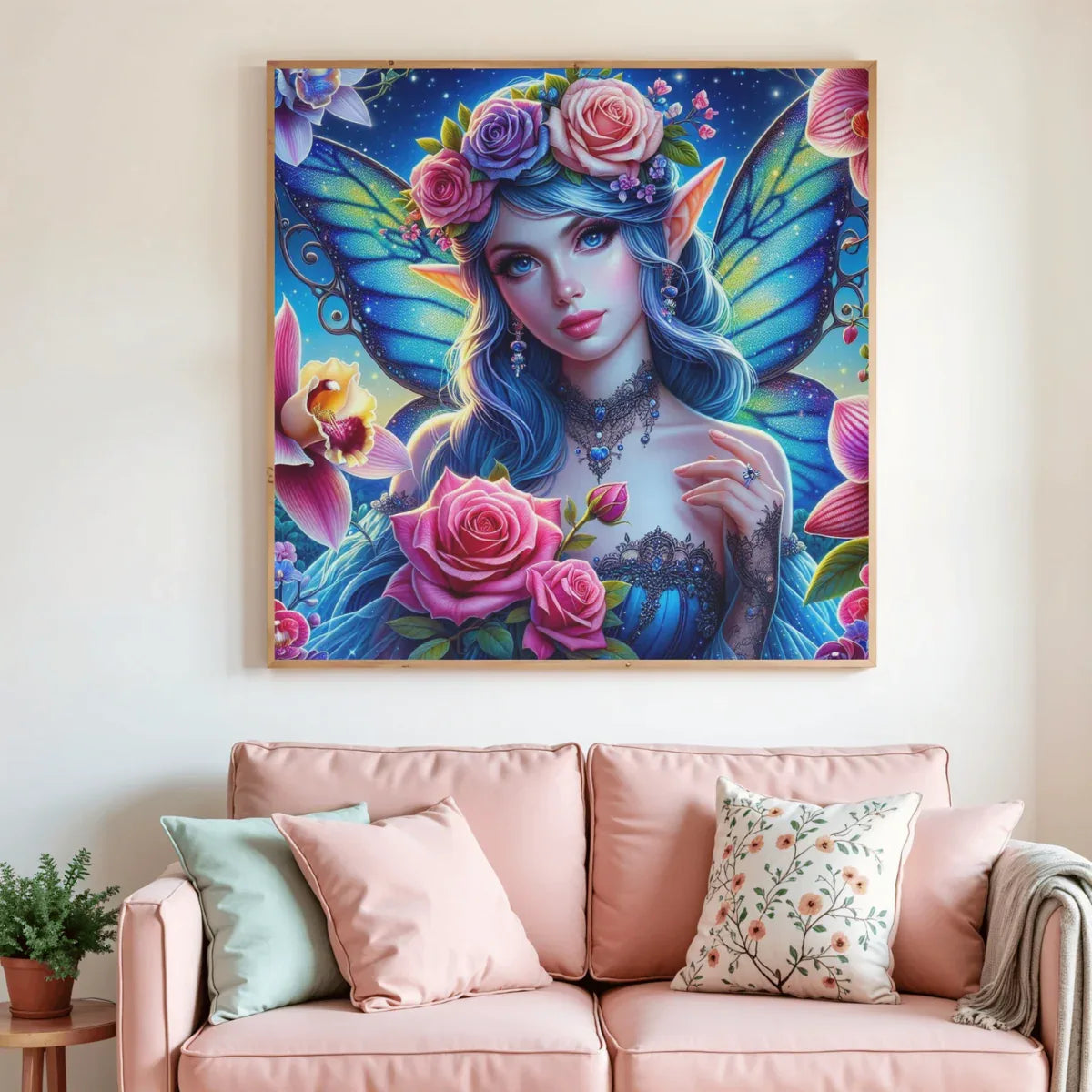 Tableau de peinture par diamants encadré : fée aux ailes bleues et roses roses