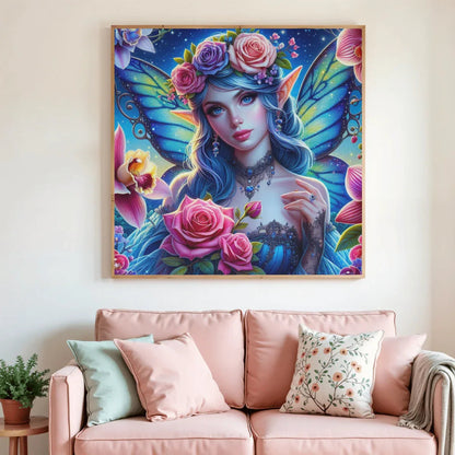 Tableau de peinture par diamants encadré : fée aux ailes bleues et roses roses