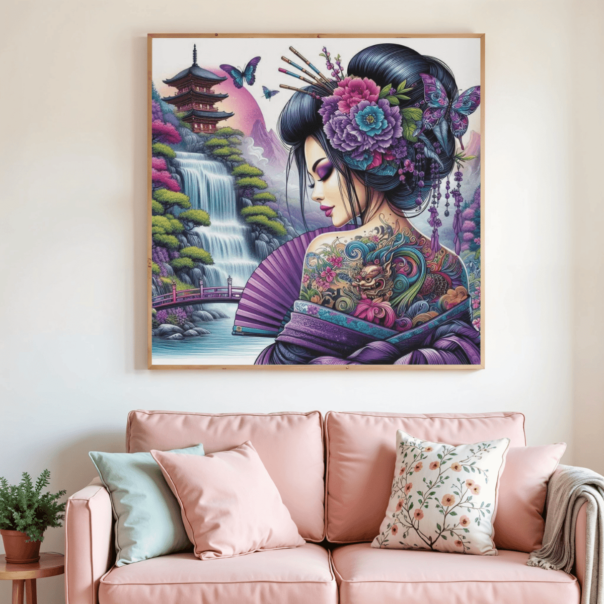 Toile de diamant encadrée géisha tatouée, fleurs roses, éventail violet et cascade