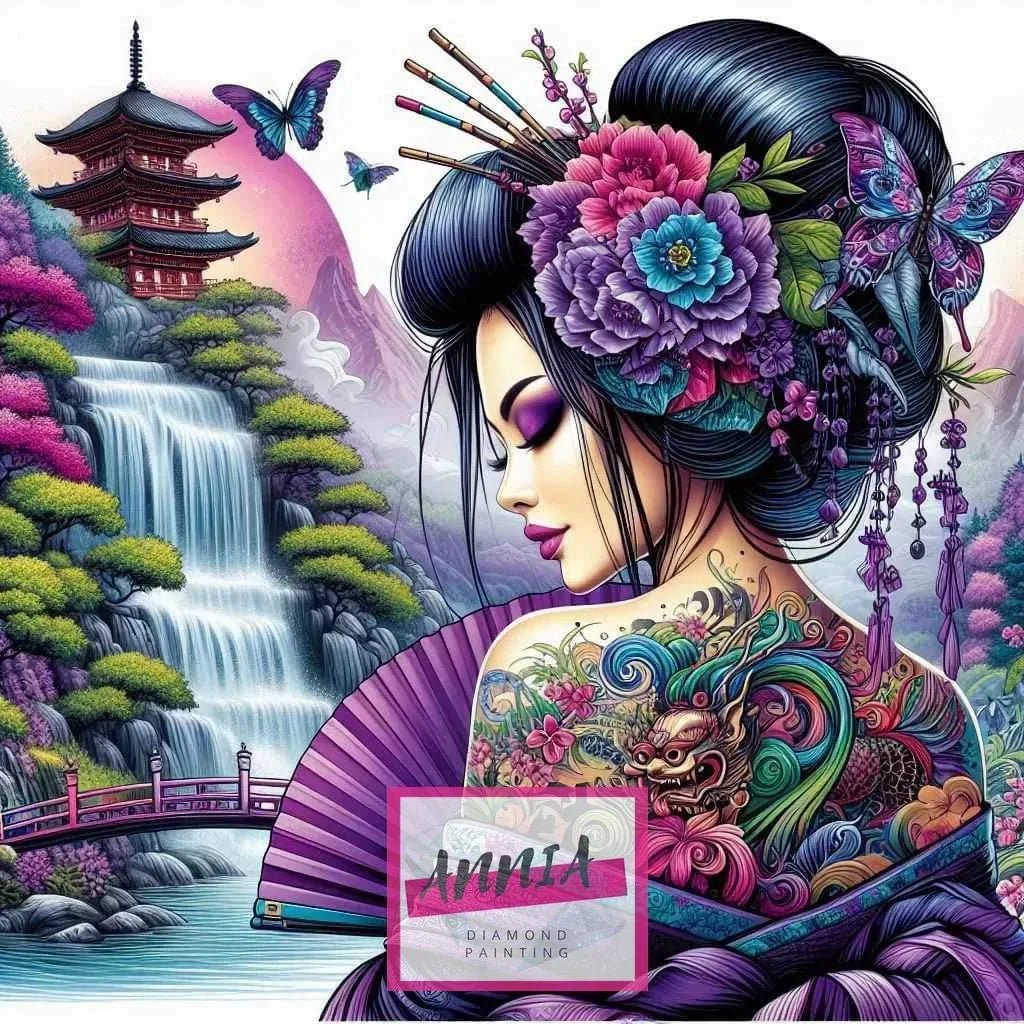 Toile de diamant géisha tatouée, fleurs roses, éventail violet, papillon et cascade