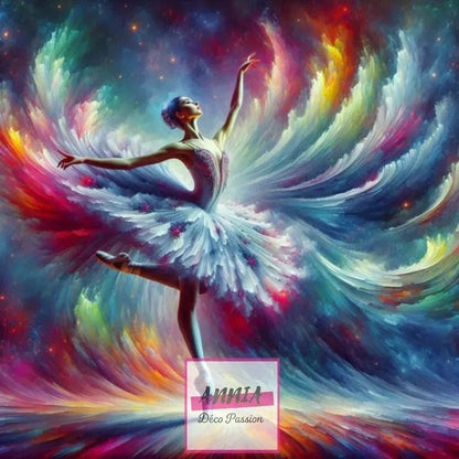 Toile de peinture diamant : danseuse étoilée sur fond multicolore, ailes déployées.