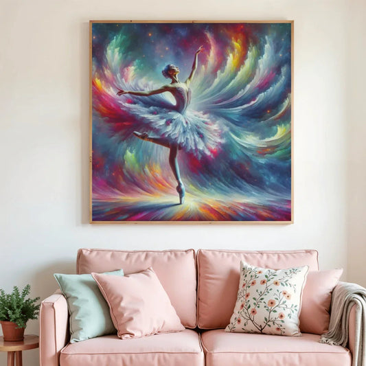 Tableau peinture diamant encadré, danseuse en robe bleue, ailes flamboyantes.