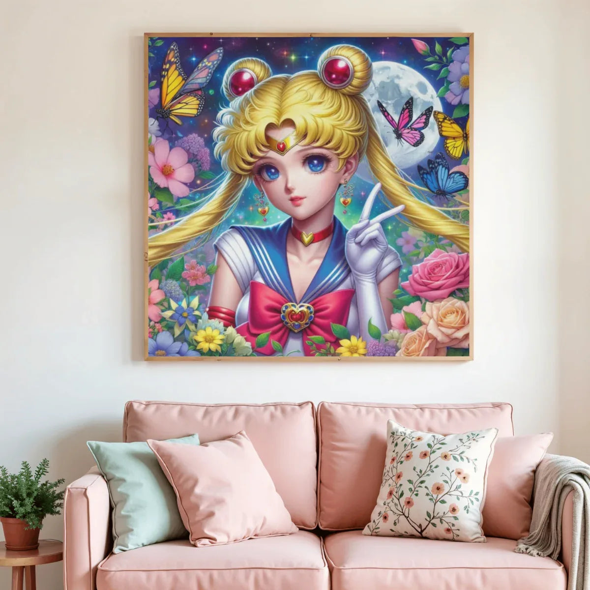 Peinture diamant encadrée, portrait de la gardienne de la lune avec papillons