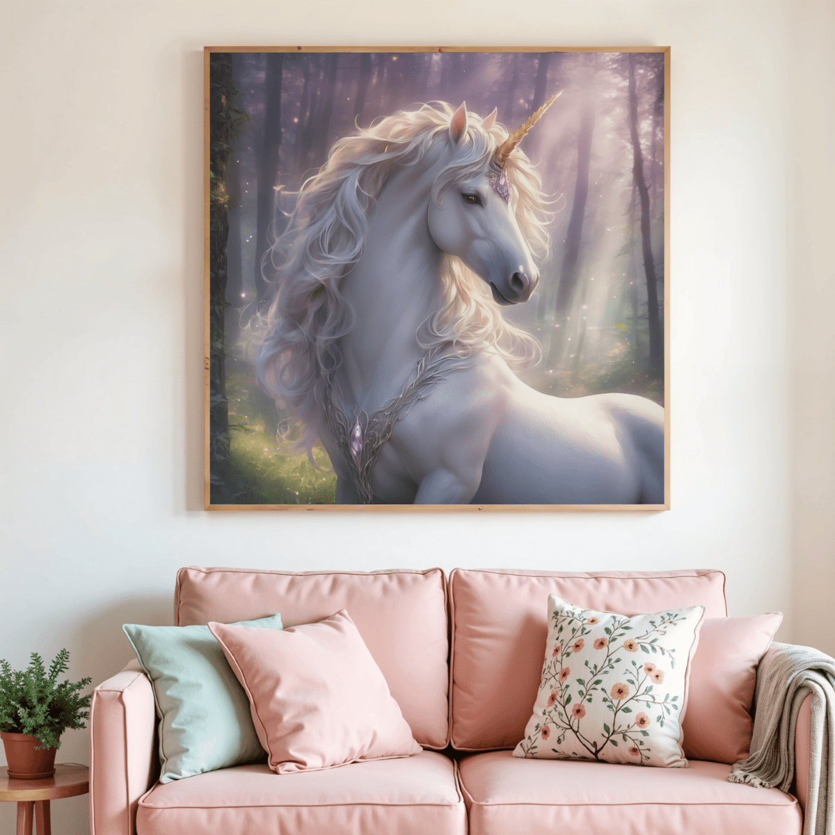 Toile de peinture diamant licorne blanche encadrée, vue d’ensemble du tableau carré