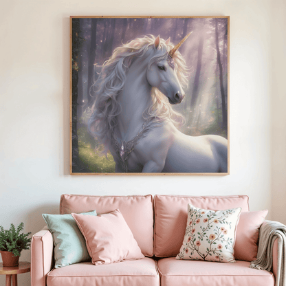 Toile de peinture diamant licorne blanche encadrée, vue d’ensemble du tableau carré