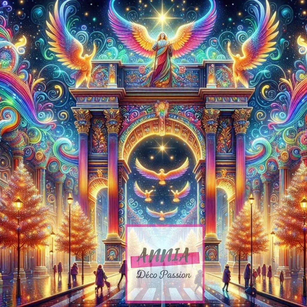 Tableau de peinture diamant avec ange aux ailes arc-en-ciel, portail illuminé et colonnes dorées