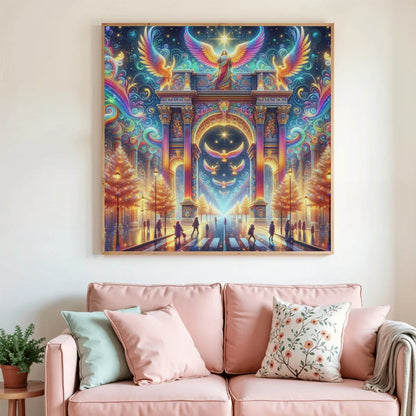 Tableau de peinture diamant encadré, ange au centre, ailes multicolores, colonnes flamboyantes