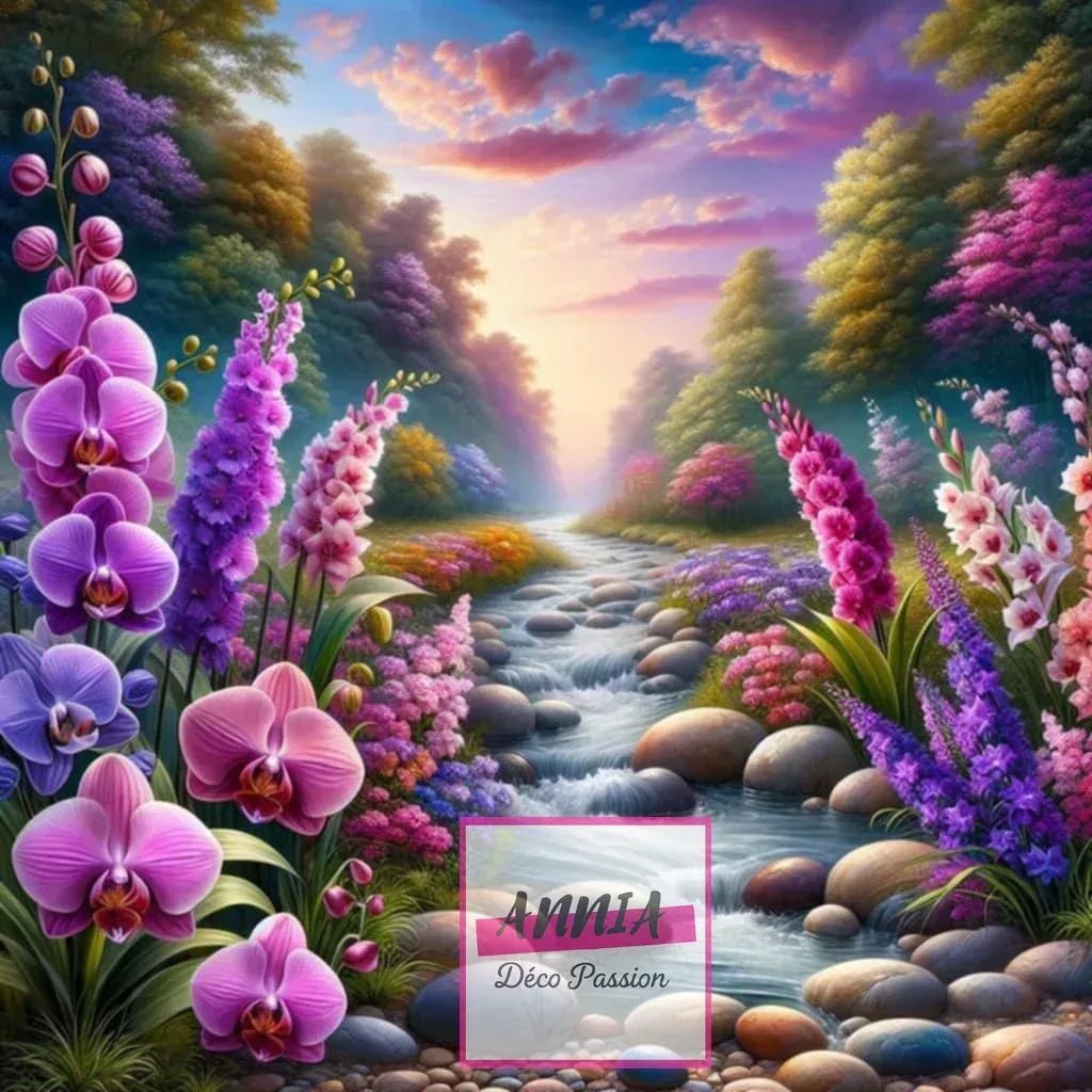 Toile de peinture diamant carrée avec orchidées roses et violettes