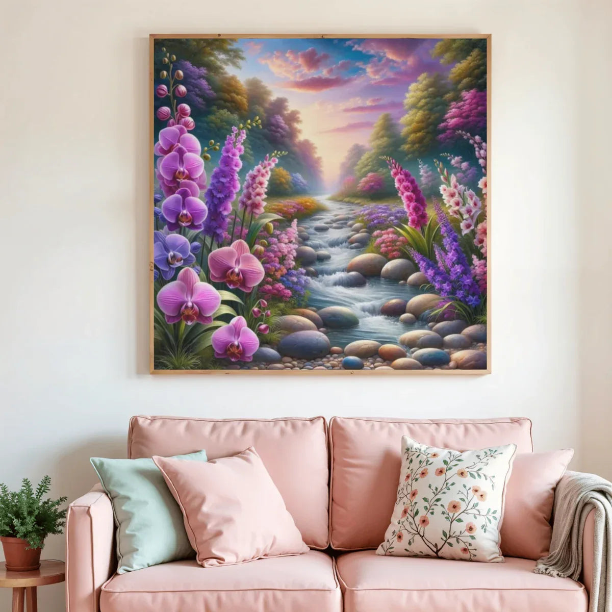 Tableau peinture diamant encadré, paysage fleuri avec orchidées roses et violettes