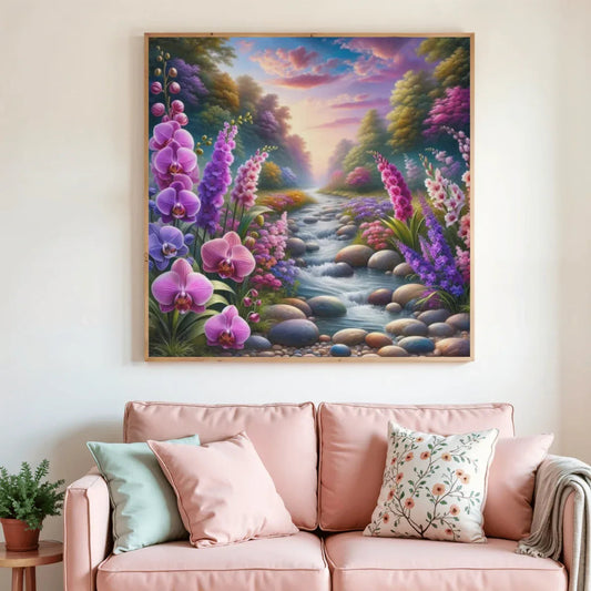 Tableau peinture diamant encadré, paysage fleuri avec orchidées roses et violettes