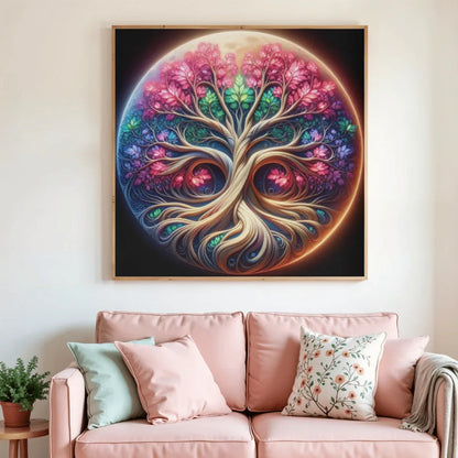 Tableau de peinture diamant encadré « L’Arbre de Vie Lunaire », arbre stylisé en cercle