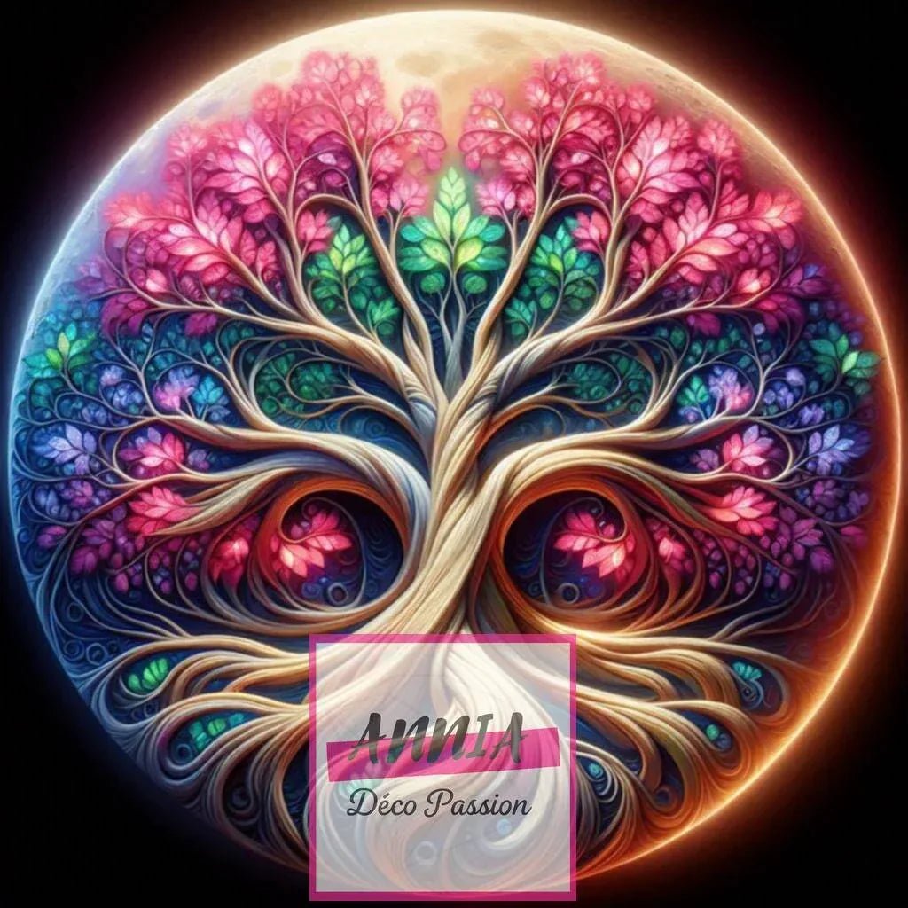 Toile de diamant « L’Arbre de Vie Lunaire »: arbre stylisé rose, bleu et vert dans un cercle
