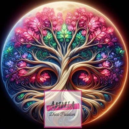 Toile de diamant « L’Arbre de Vie Lunaire »: arbre stylisé rose, bleu et vert dans un cercle