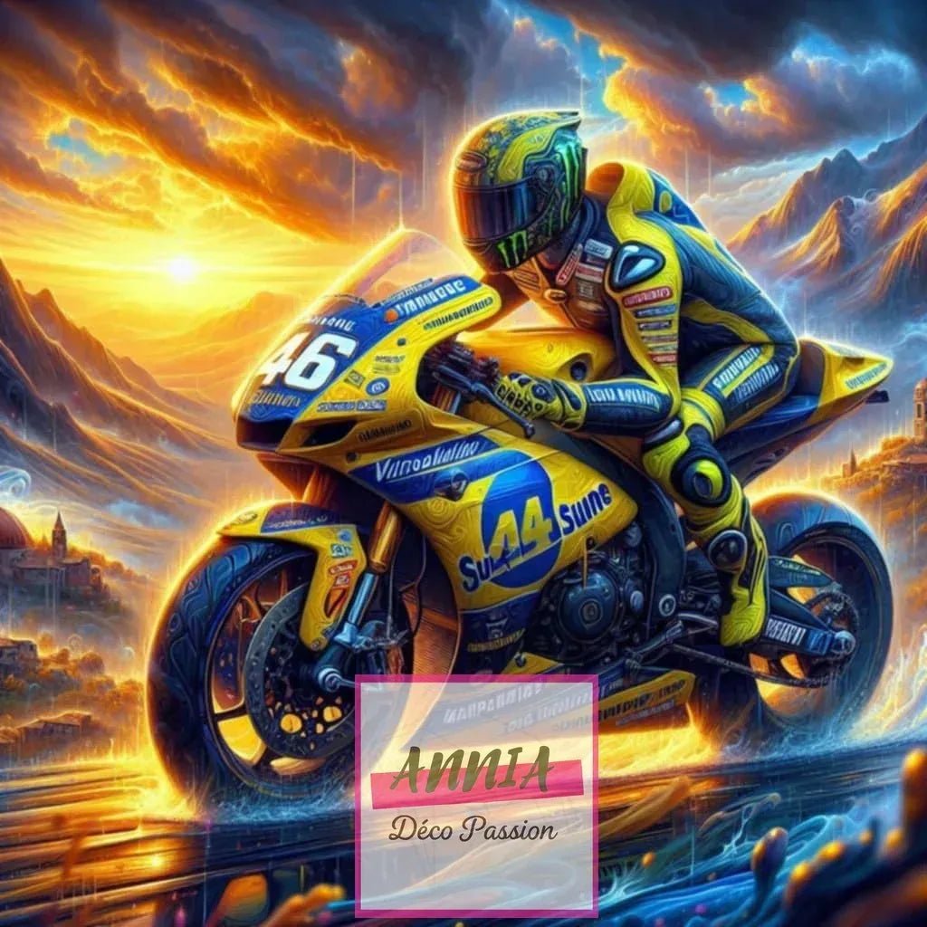 Tableau de diamants : moto bleu et jaune, ciel crépusculaire avec flammes, étiquette visible