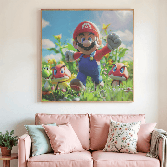 Toile de peinture diamant encadrée : aventurier à casquette rouge et salopette bleue, herbe verte