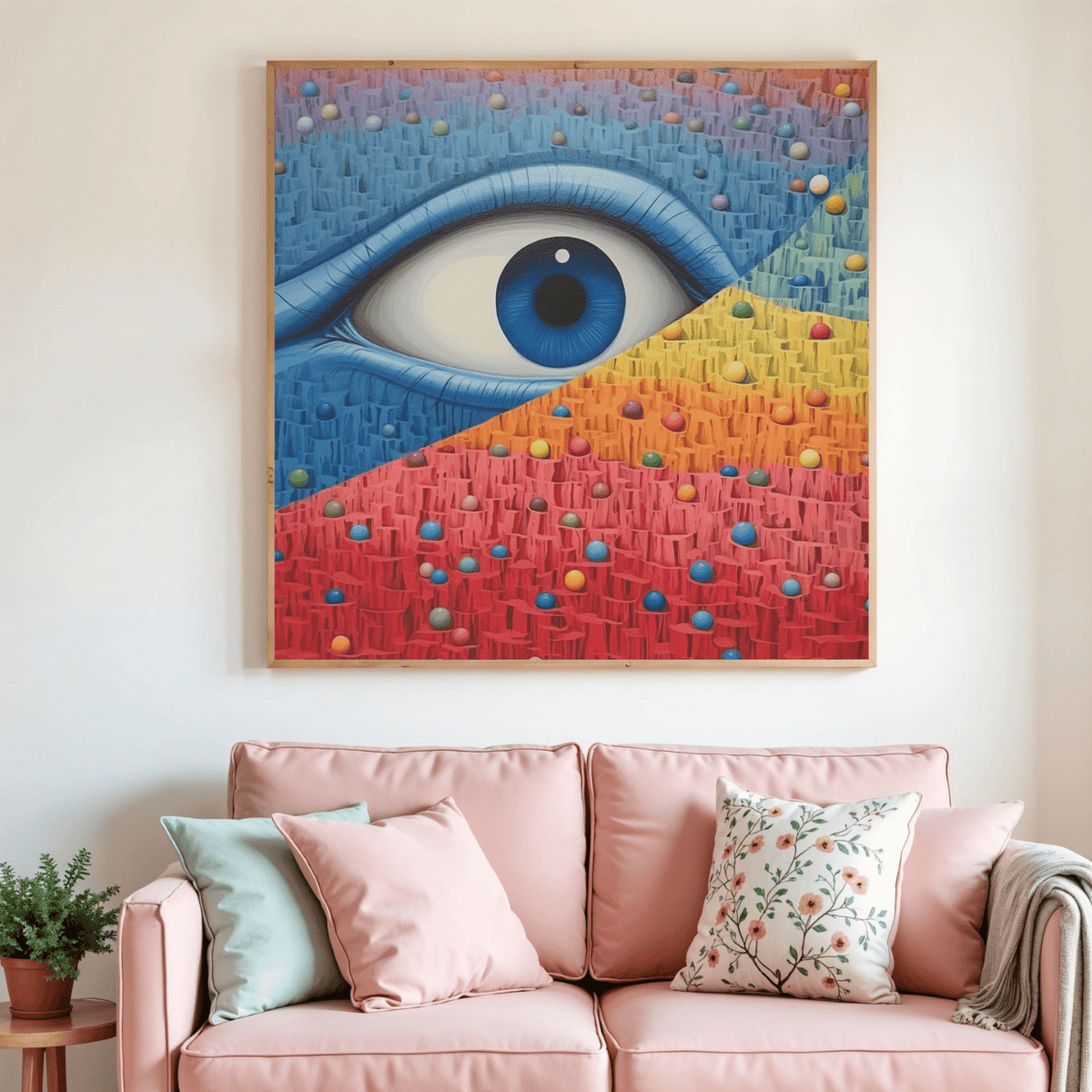 Peinture diamant encadrée montrant un œil bleu et des diamants multicolores