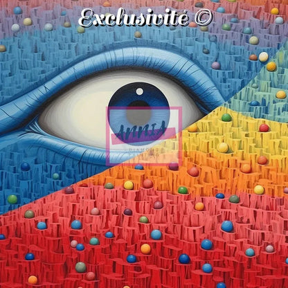 Peinture diamant avec grand œil bleu et diamants multicolores sur toile
