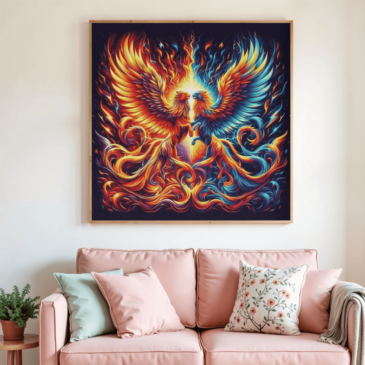 Tableau de peinture au diamant encadré, oiseau phénix aux ailes multicolores et flammes