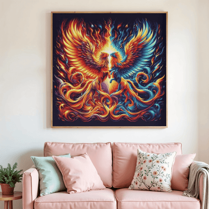 Tableau de peinture au diamant encadré, oiseau phénix aux ailes multicolores et flammes