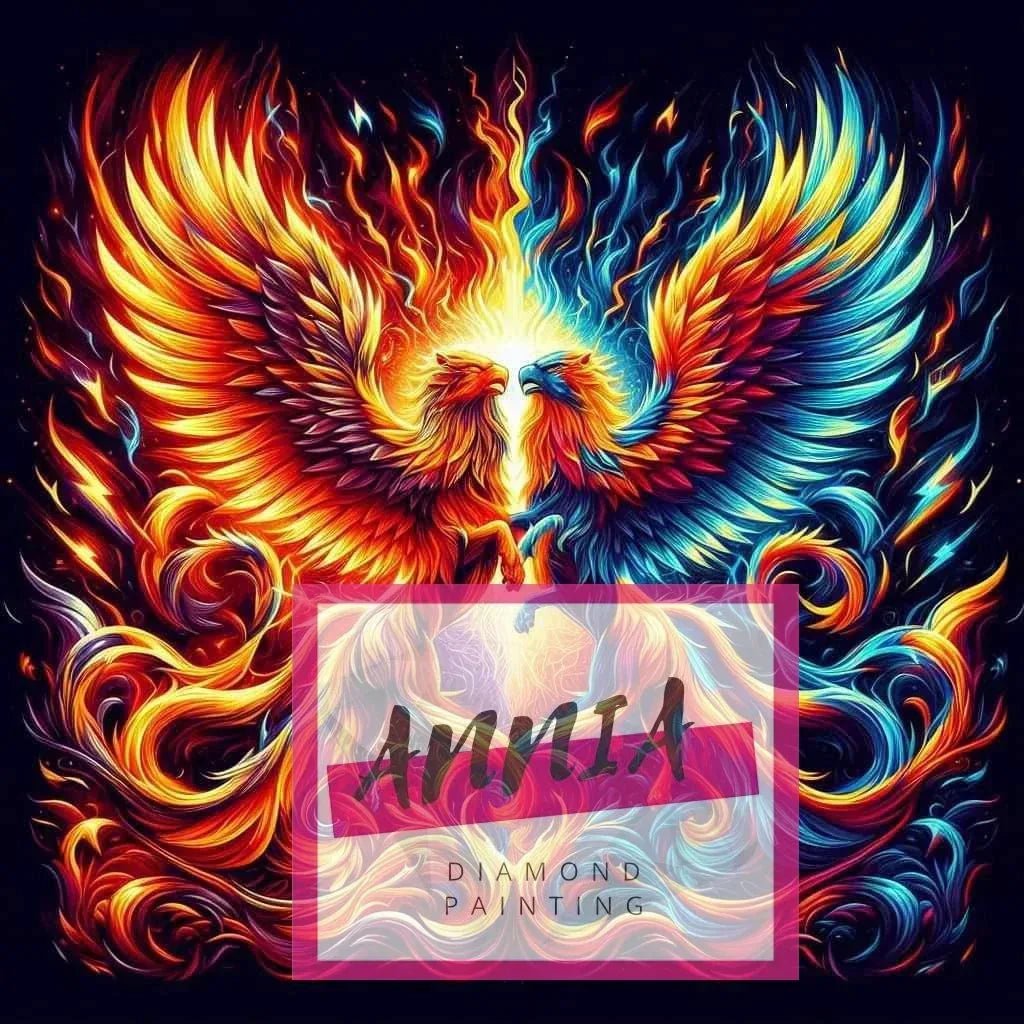 Peinture au diamant en gros plan : oiseau phénix aux ailes rouge, bleu et jaune