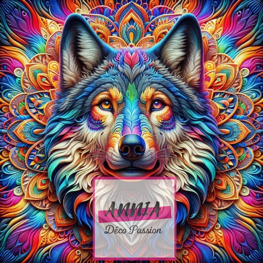 Toile de peinture diamant avec tête de loup multicolore et motif mandala