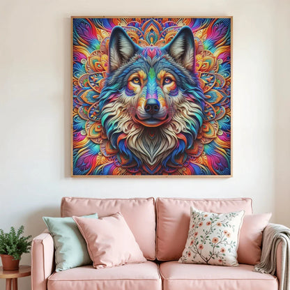 Peinture diamant encadrée : tête de loup aux tons arc-en-ciel et mandala