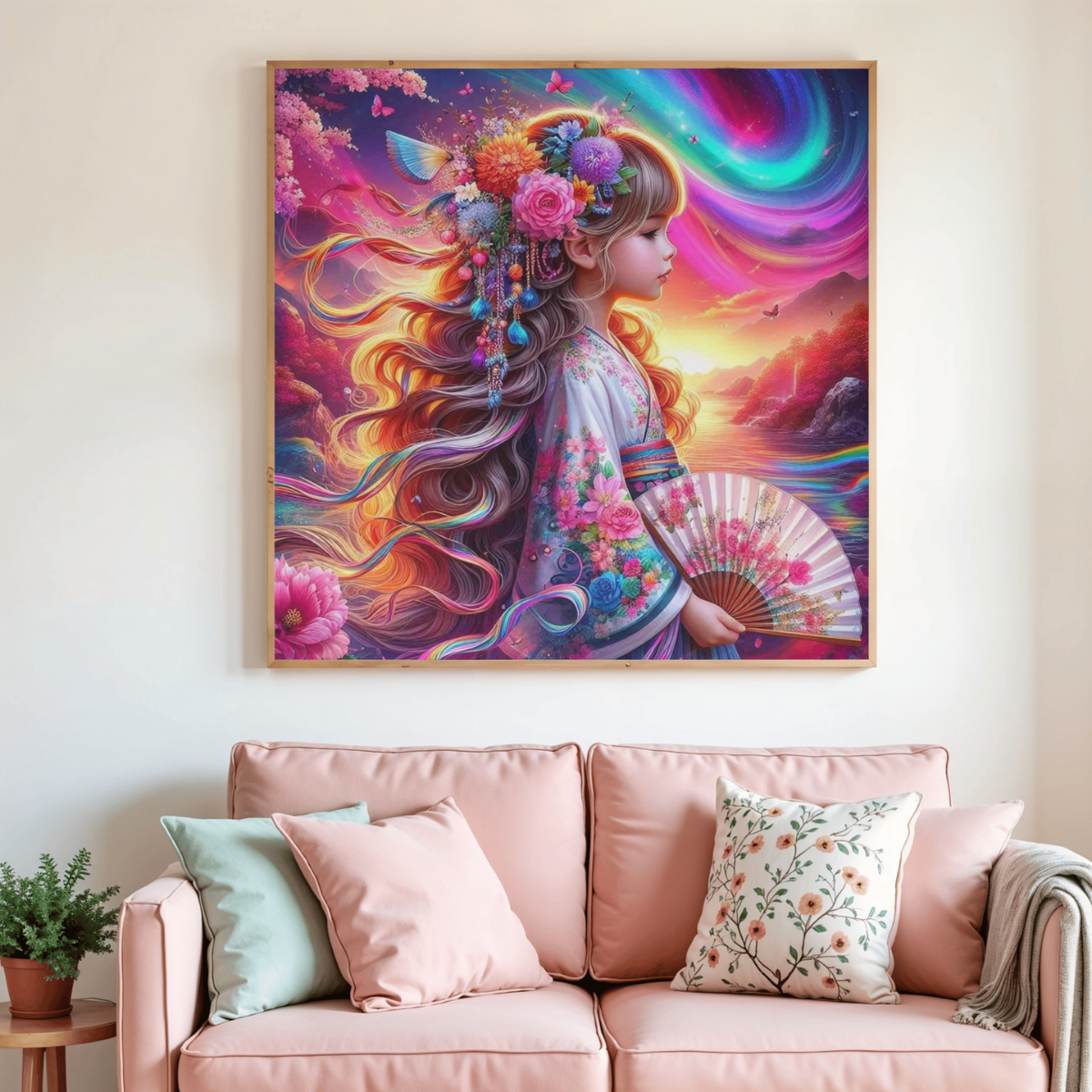 Tableau de peinture au diamant encadré : femme profil, fleurs et éventail multicolore