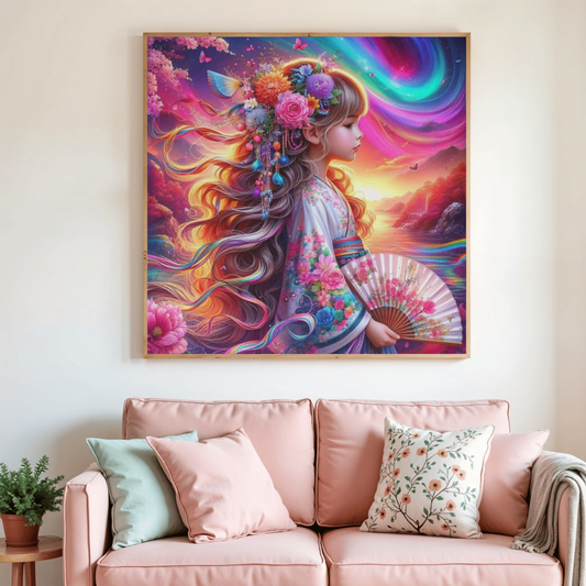 Tableau de peinture au diamant encadré : femme profil, fleurs et éventail multicolore