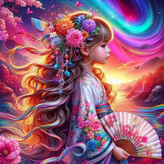 Tableau de peinture au diamant : portrait de femme aux cheveux multicolores et éventail floral