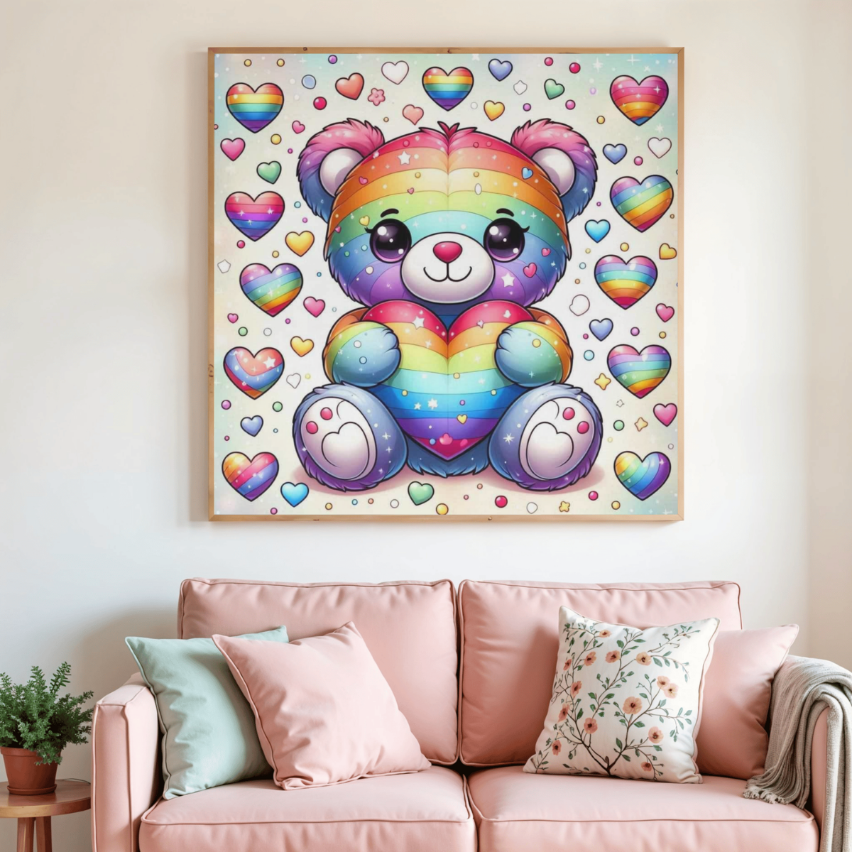 Tableau de peinture au diamant ourson arc‑en‑ciel encadré, cœurs multicolores